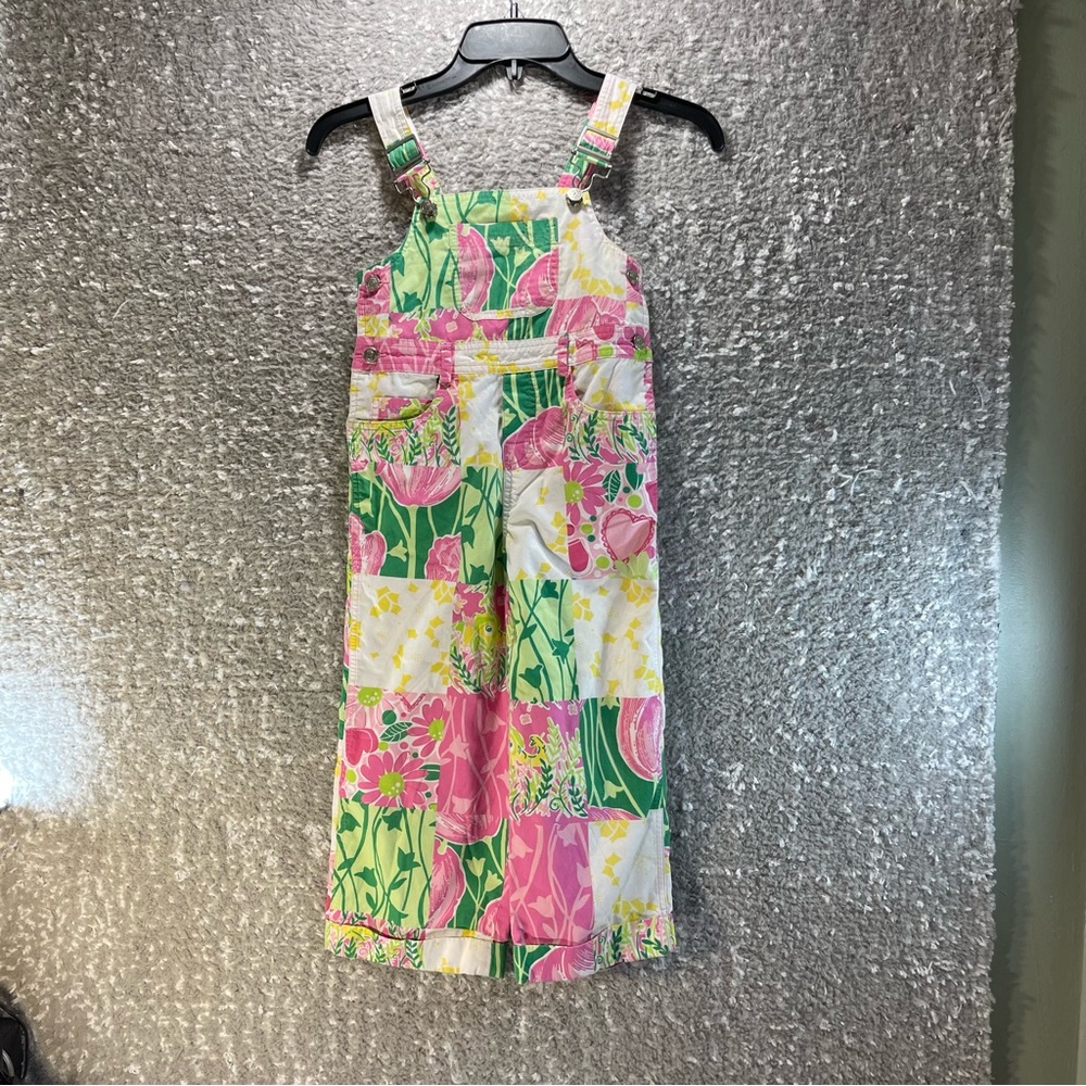Lilly Pulitzer Girl White Label Overalls 4 Patch Pink Green Floral Lions Cotton
